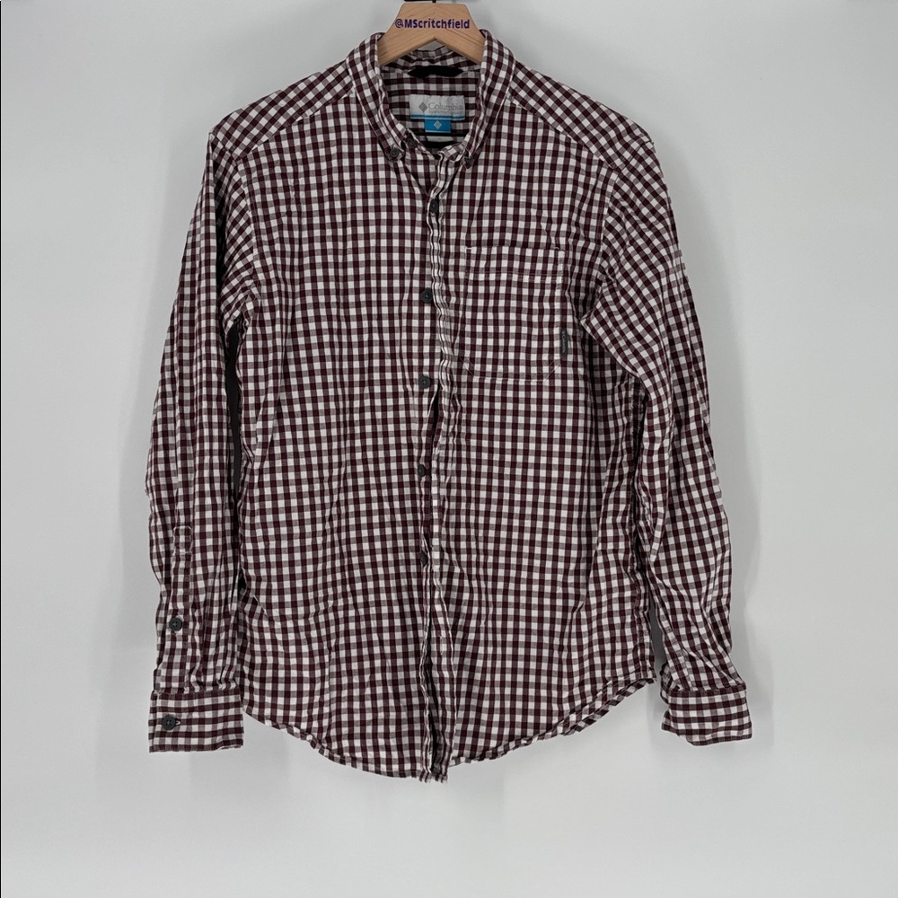 Columbia maroon white checkered button down shirt medium